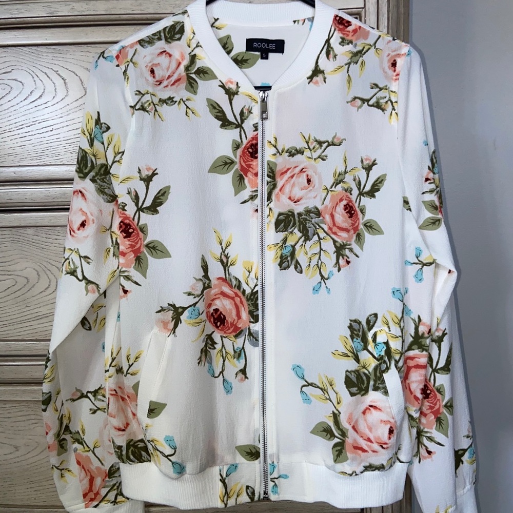 ROLEE White Floral Full Zip Bomber Jacket